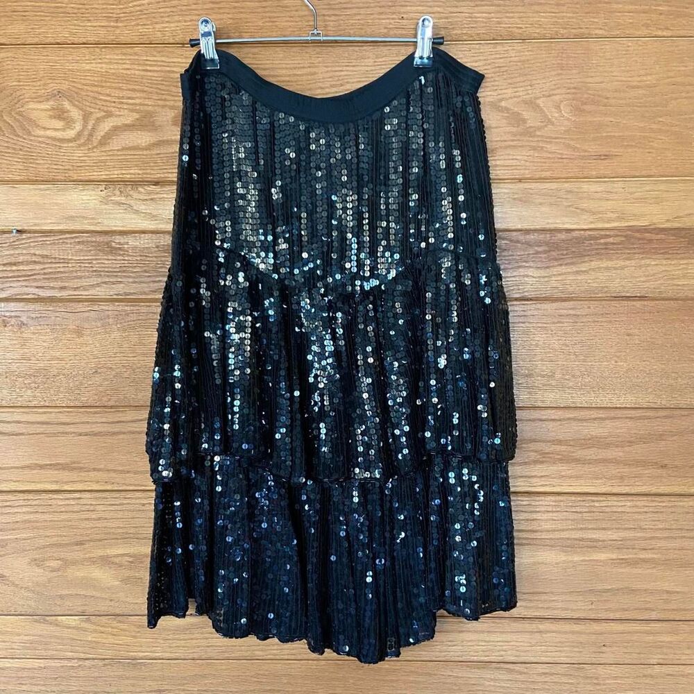Vintage 80s black silk fully sequinned tiered knee length skirt